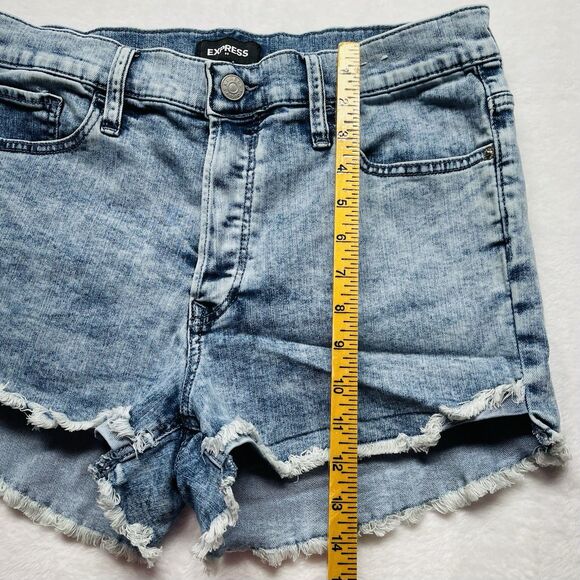 Express Denim Shorts Women's Repreve Stretch Shortie High Rise Frayed Blue Sz 10 - Picture 4 of 13
